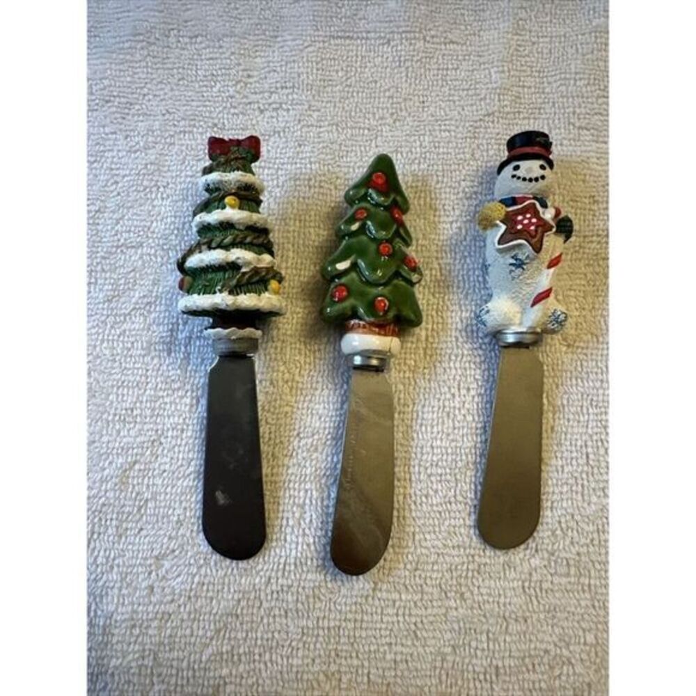 3 Vintage Christmas Tree‎ Snack Spreaders   Knobler Stainless Japan